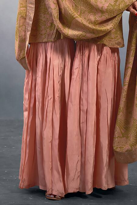 Affroz_Pink Viscose Embroidery V-neck Paisley Print Peplum Kurta Sharara Set _at_Aza_Fashions