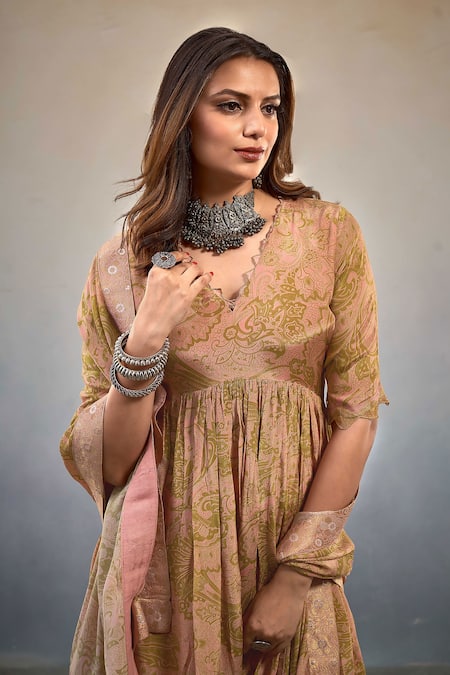 Buy_Affroz_Pink Viscose Embroidery V-neck Paisley Print Peplum Kurta Sharara Set _Online_at_Aza_Fashions