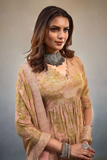 Shop_Affroz_Pink Viscose Embroidery V-neck Paisley Print Peplum Kurta Sharara Set _Online_at_Aza_Fashions