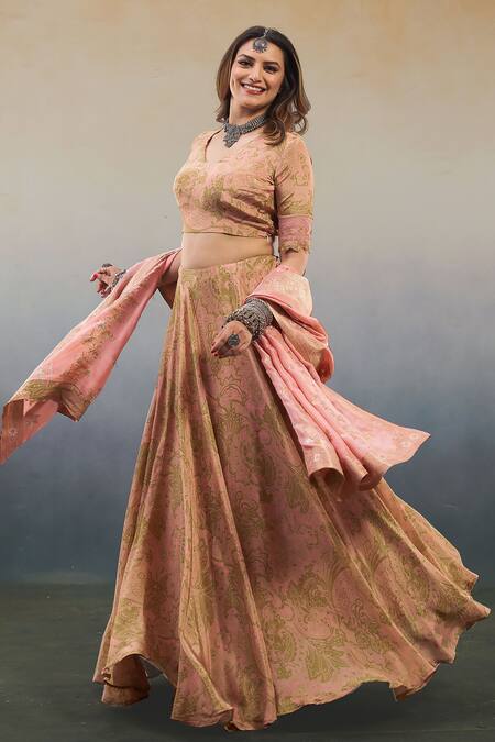 Affroz_Pink Viscose, Crepe Embroidery, Beads, Metallic Paisley Print Blouse Lehenga Set _Online_at_Aza_Fashions