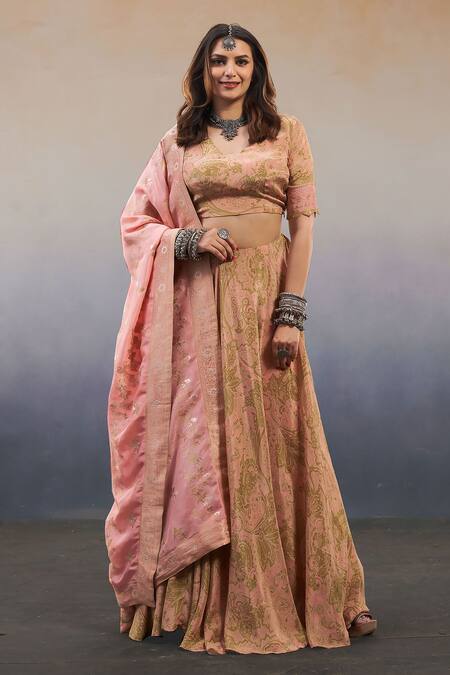Buy_Affroz_Pink Viscose, Crepe Embroidery, Beads, Metallic Paisley Print Blouse Lehenga Set _Online_at_Aza_Fashions