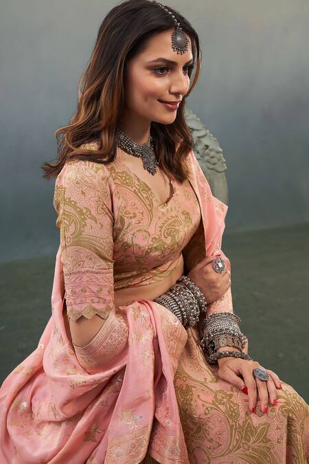 Shop_Affroz_Pink Viscose, Crepe Embroidery, Beads, Metallic Paisley Print Blouse Lehenga Set _Online_at_Aza_Fashions