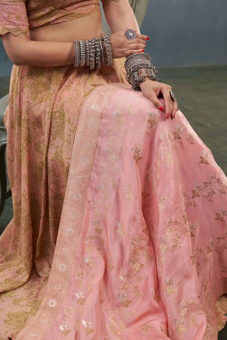 Affroz_Pink Viscose, Crepe Embroidery, Beads, Metallic Paisley Print Blouse Lehenga Set _at_Aza_Fashions
