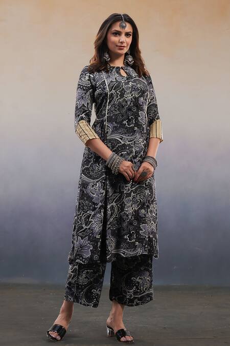 Affroz_Black Viscose Embroidery Round Neck Paisley Print Kurta Palazzo Set _Online_at_Aza_Fashions