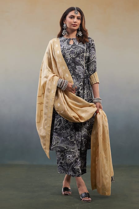Buy_Affroz_Black Viscose Embroidery Round Neck Paisley Print Kurta Palazzo Set _Online_at_Aza_Fashions
