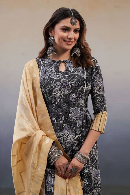 Shop_Affroz_Black Viscose Embroidery Round Neck Paisley Print Kurta Palazzo Set _Online_at_Aza_Fashions