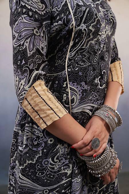 Affroz_Black Viscose Embroidery Round Neck Paisley Print Kurta Palazzo Set _at_Aza_Fashions