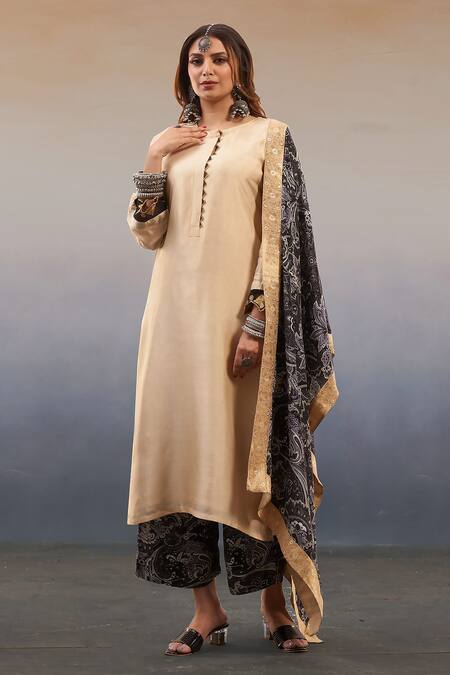 Affroz_Beige Viscose Embroidery Round Neck Sleeve Kurta Palazzo Set _Online_at_Aza_Fashions