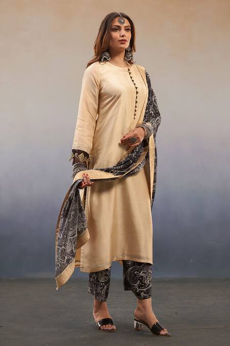 Buy_Affroz_Beige Viscose Embroidery Round Neck Sleeve Kurta Palazzo Set _Online_at_Aza_Fashions