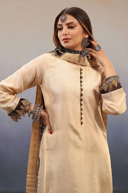 Shop_Affroz_Beige Viscose Embroidery Round Neck Sleeve Kurta Palazzo Set _Online_at_Aza_Fashions