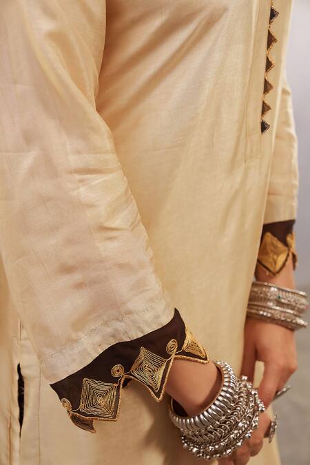 Affroz_Beige Viscose Embroidery Round Neck Sleeve Kurta Palazzo Set _at_Aza_Fashions