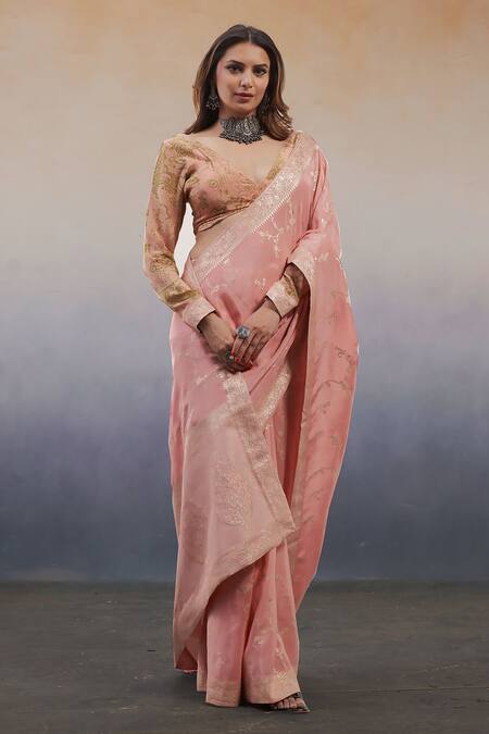 Affroz_Pink Viscose Embroidery V-neck Floral Motifs Saree With Printed Blouse _Online_at_Aza_Fashions