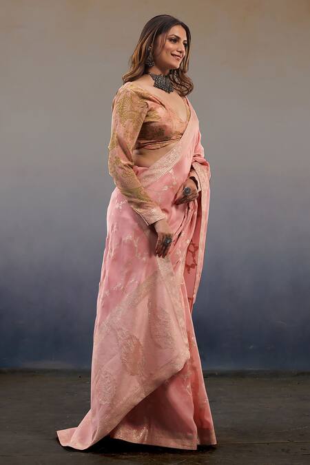 Buy_Affroz_Pink Viscose Embroidery V-neck Floral Motifs Saree With Printed Blouse _Online_at_Aza_Fashions