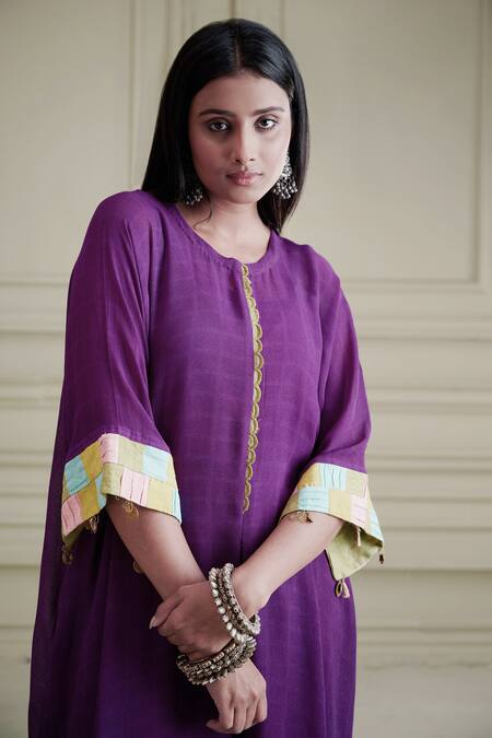 Shop Affroz Purple Georgette Net Coins Round Patchwork Kaftan And Pant Set Online at Aza Fashions Shop_Affroz_Purple Georgette Net Coins Round Patchwork Kaftan And Pant Set_Online_at_Aza_Fashions