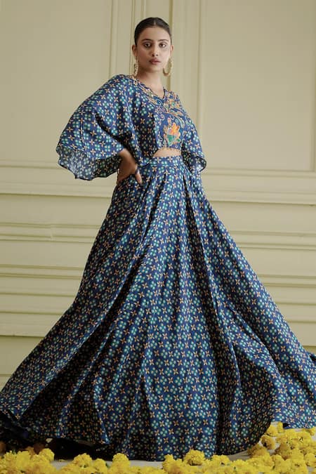 AFFROZ_Blue Russian Silk Printed Paisley Jaal V Neck Cape And Lehenga Set _Online_at_Aza_Fashions