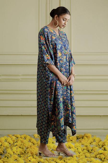 Affroz_Blue Russian Silk Glass Beads, Sequins, Paisley Jaal Printed Kaftan And Pant Set _Online_at_Aza_Fashions