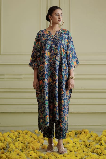 Buy_Affroz_Blue Russian Silk Glass Beads, Sequins, Paisley Jaal Printed Kaftan And Pant Set _Online_at_Aza_Fashions