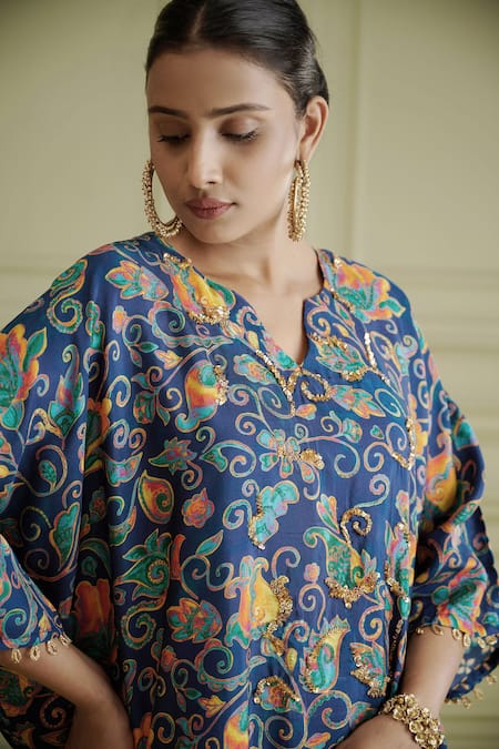 Affroz_Blue Russian Silk Glass Beads, Sequins, Paisley Jaal Printed Kaftan And Pant Set _at_Aza_Fashions