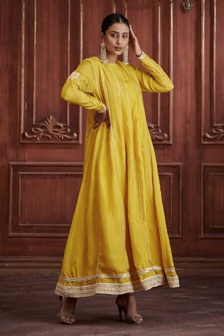 Affroz Yellow Silk, Cotton Satin, Tissue Embroidery Round Neck Anarkali Pant Set Online at Aza Fashions Affroz_Yellow Silk, Cotton Satin, Tissue Embroidery Round Neck Anarkali Pant Set _Online_at_Aza_Fashions