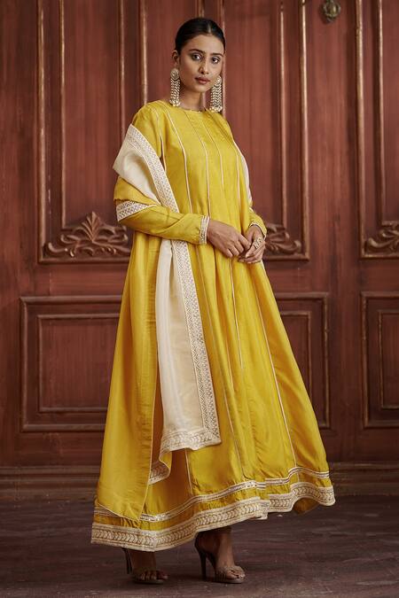 Buy Affroz Yellow Silk, Cotton Satin, Tissue Embroidery Round Neck Anarkali Pant Set Online at Aza Fashions Buy_Affroz_Yellow Silk, Cotton Satin, Tissue Embroidery Round Neck Anarkali Pant Set _Online_at_Aza_Fashions