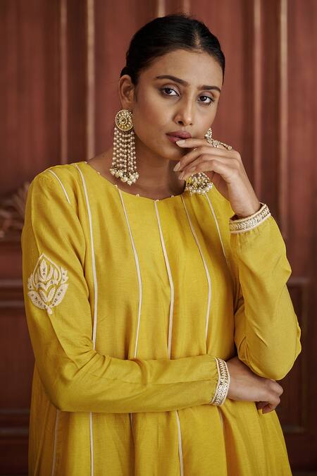 Shop Affroz Yellow Silk, Cotton Satin, Tissue Embroidery Round Neck Anarkali Pant Set Online at Aza Fashions Shop_Affroz_Yellow Silk, Cotton Satin, Tissue Embroidery Round Neck Anarkali Pant Set _Online_at_Aza_Fashions