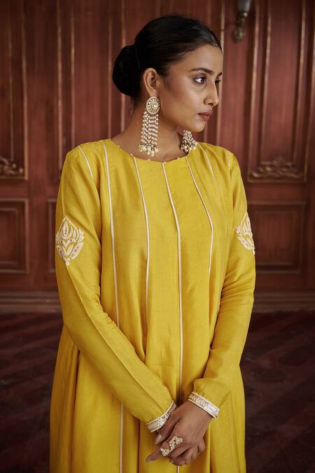 Affroz Yellow Silk, Cotton Satin, Tissue Embroidery Round Neck Anarkali Pant Set at Aza Fashions Affroz_Yellow Silk, Cotton Satin, Tissue Embroidery Round Neck Anarkali Pant Set _at_Aza_Fashions