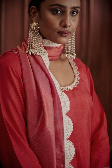Shop_Affroz_Red Silk, Tissue Embroidery, Piping Round Neck Short Kurta Sharara Set_Online_at_Aza_Fashions