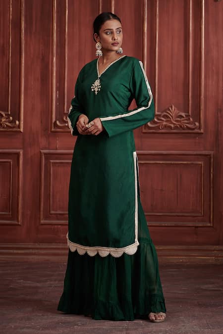 Affroz_Green Silk, Georgette, Organza Embroidery V-neck Straight Kurta Sharara Set_Online_at_Aza_Fashions