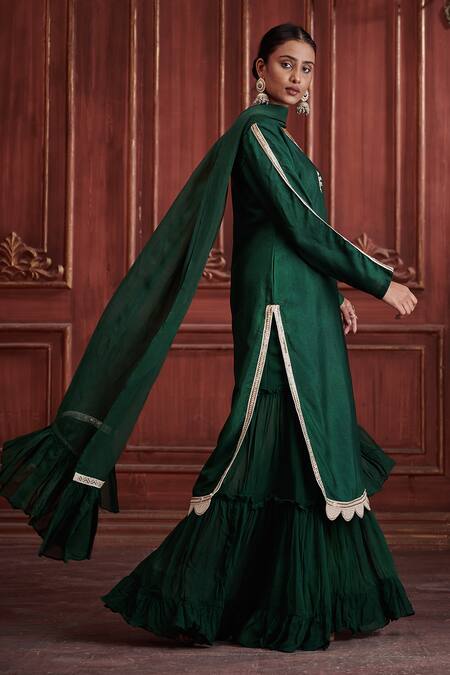 Buy_Affroz_Green Silk, Georgette, Organza Embroidery V-neck Straight Kurta Sharara Set_Online_at_Aza_Fashions
