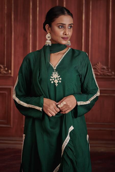 Shop_Affroz_Green Silk, Georgette, Organza Embroidery V-neck Straight Kurta Sharara Set_Online_at_Aza_Fashions