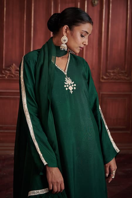 Affroz_Green Silk, Georgette, Organza Embroidery V-neck Straight Kurta Sharara Set_at_Aza_Fashions