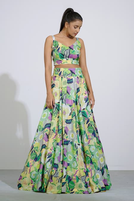 Affroz_Yellow Russian Silk Floral V Neck Print Lehenga Set _Online_at_Aza_Fashions