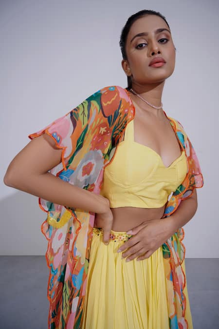 Affroz_Yellow Georgette Floral Sweetheart Neck Printed Cape With Lehenga Set _at_Aza_Fashions