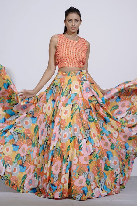 Affroz_Orange Russian Silk Sequin, Crystals Round Floral Pattern Lehenga Set _Online_at_Aza_Fashions