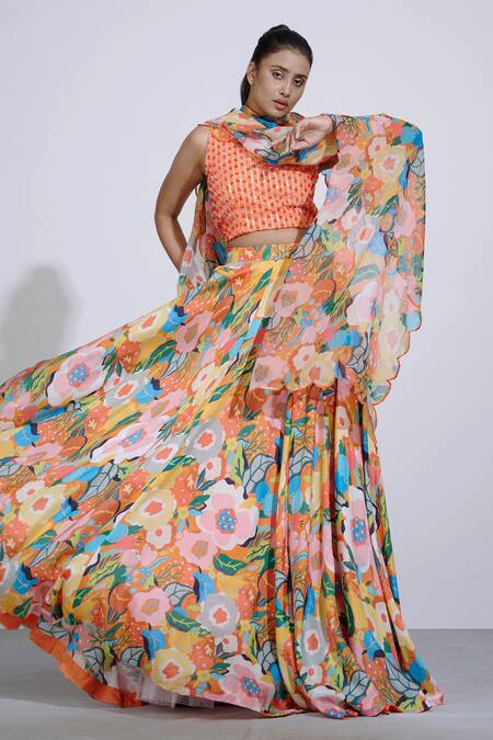 Buy_Affroz_Orange Russian Silk Sequin, Crystals Round Floral Pattern Lehenga Set _Online_at_Aza_Fashions