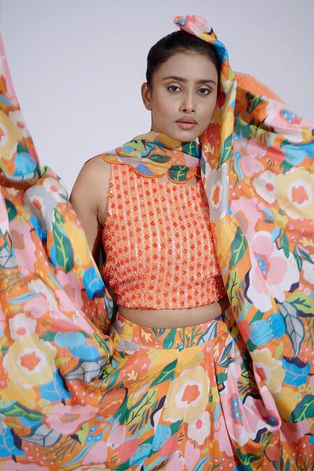 Shop_Affroz_Orange Russian Silk Sequin, Crystals Round Floral Pattern Lehenga Set _Online_at_Aza_Fashions