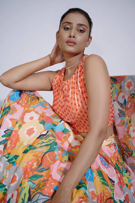 Affroz_Orange Russian Silk Sequin, Crystals Round Floral Pattern Lehenga Set _at_Aza_Fashions