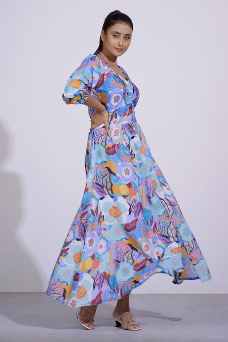 Affroz Blue Russian Silk Floral, Sequins, Crystals V Neck Print Maxi Dress Online at Aza Fashions Affroz_Blue Russian Silk Floral, Sequins, Crystals V Neck Print Maxi Dress _Online_at_Aza_Fashions
