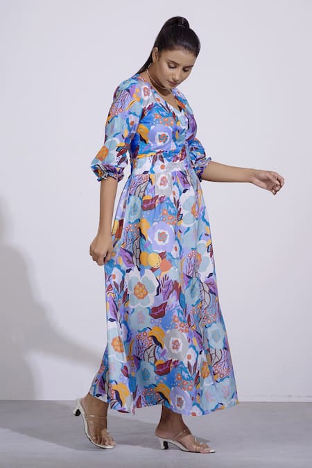 Buy Affroz Blue Russian Silk Floral, Sequins, Crystals V Neck Print Maxi Dress Online at Aza Fashions Buy_Affroz_Blue Russian Silk Floral, Sequins, Crystals V Neck Print Maxi Dress _Online_at_Aza_Fashions