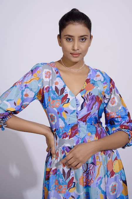 Shop Affroz Blue Russian Silk Floral, Sequins, Crystals V Neck Print Maxi Dress Online at Aza Fashions Shop_Affroz_Blue Russian Silk Floral, Sequins, Crystals V Neck Print Maxi Dress _Online_at_Aza_Fashions