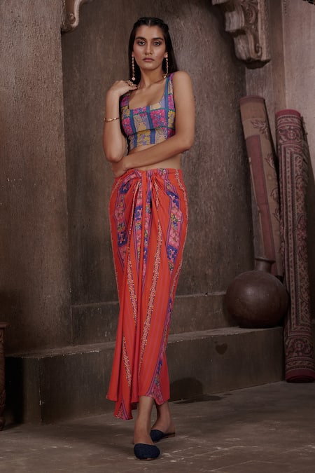 Buy_Affroz_Coral Viscose, Crepe Embroidery, Metallic Thread Print Jacket And Draped Skirt Set _Online_at_Aza_Fashions