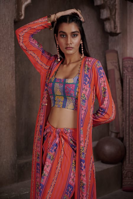 Shop_Affroz_Coral Viscose, Crepe Embroidery, Metallic Thread Print Jacket And Draped Skirt Set _Online_at_Aza_Fashions