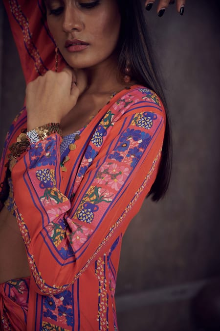 Affroz_Coral Viscose, Crepe Embroidery, Metallic Thread Print Jacket And Draped Skirt Set _at_Aza_Fashions