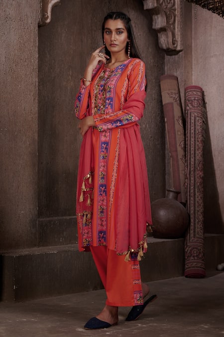 Affroz_Coral Viscose, Silk, Organza Embroidery, Print Straight Kurta Palazzo Set _Online_at_Aza_Fashions