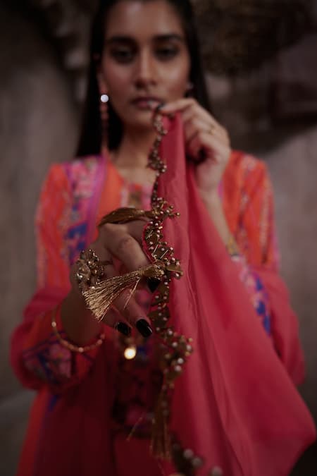 Buy_Affroz_Coral Viscose, Silk, Organza Embroidery, Print Straight Kurta Palazzo Set _Online_at_Aza_Fashions