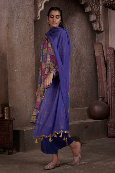 Affroz_Blue Viscose, Silk, Crepe, Organza Floral Print A-line Kurta Palazzo Set _Online_at_Aza_Fashions