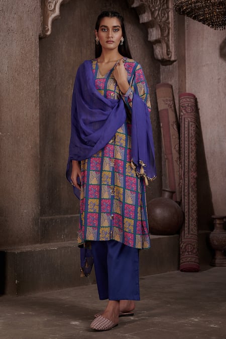 Buy_Affroz_Blue Viscose, Silk, Crepe, Organza Floral Print A-line Kurta Palazzo Set _Online_at_Aza_Fashions
