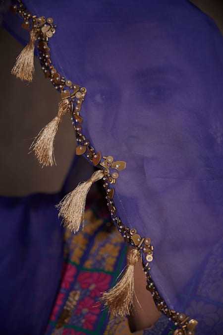 Affroz_Blue Viscose, Silk, Crepe, Organza Floral Print A-line Kurta Palazzo Set _at_Aza_Fashions