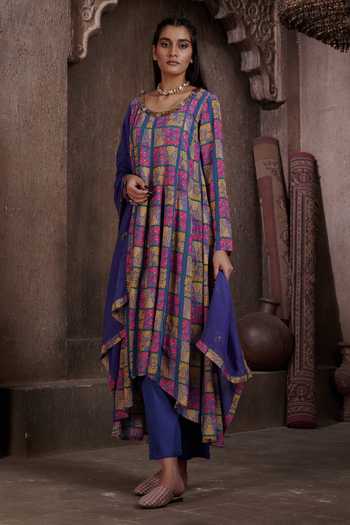 Affroz Blue Viscose, Organza, Crepe Floral Print High-low Anarkali Palazzo Set Online at Aza Fashions Affroz_Blue Viscose, Organza, Crepe Floral Print High-low Anarkali Palazzo Set _Online_at_Aza_Fashions