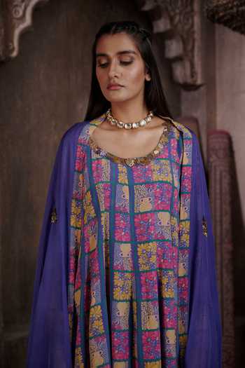 Affroz Blue Viscose, Organza, Crepe Floral Print High-low Anarkali Palazzo Set at Aza Fashions Affroz_Blue Viscose, Organza, Crepe Floral Print High-low Anarkali Palazzo Set _at_Aza_Fashions